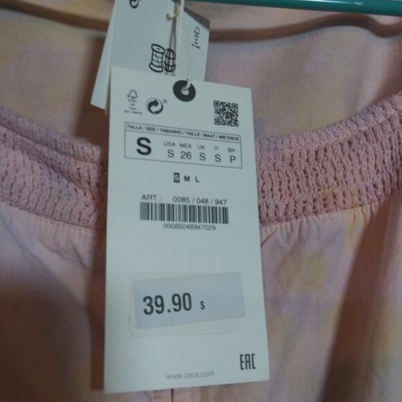 Zara Pink Tie Dye Puff Sleeve Button-Up Women's Blouse Crop Top Size Small - Picture 8 of 12